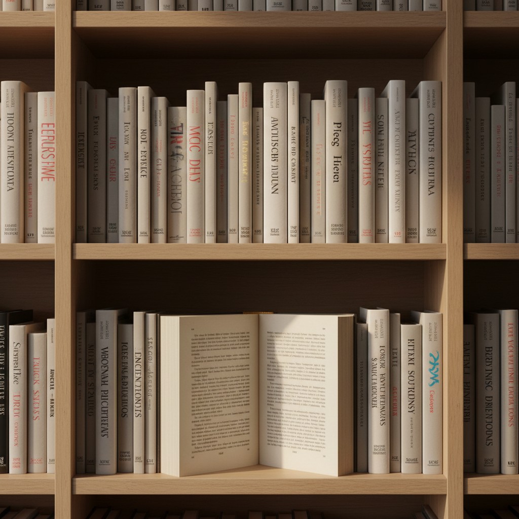 A close-up of a bookshelf with four shelves and nine columns, featuring books in various white and beige covers.